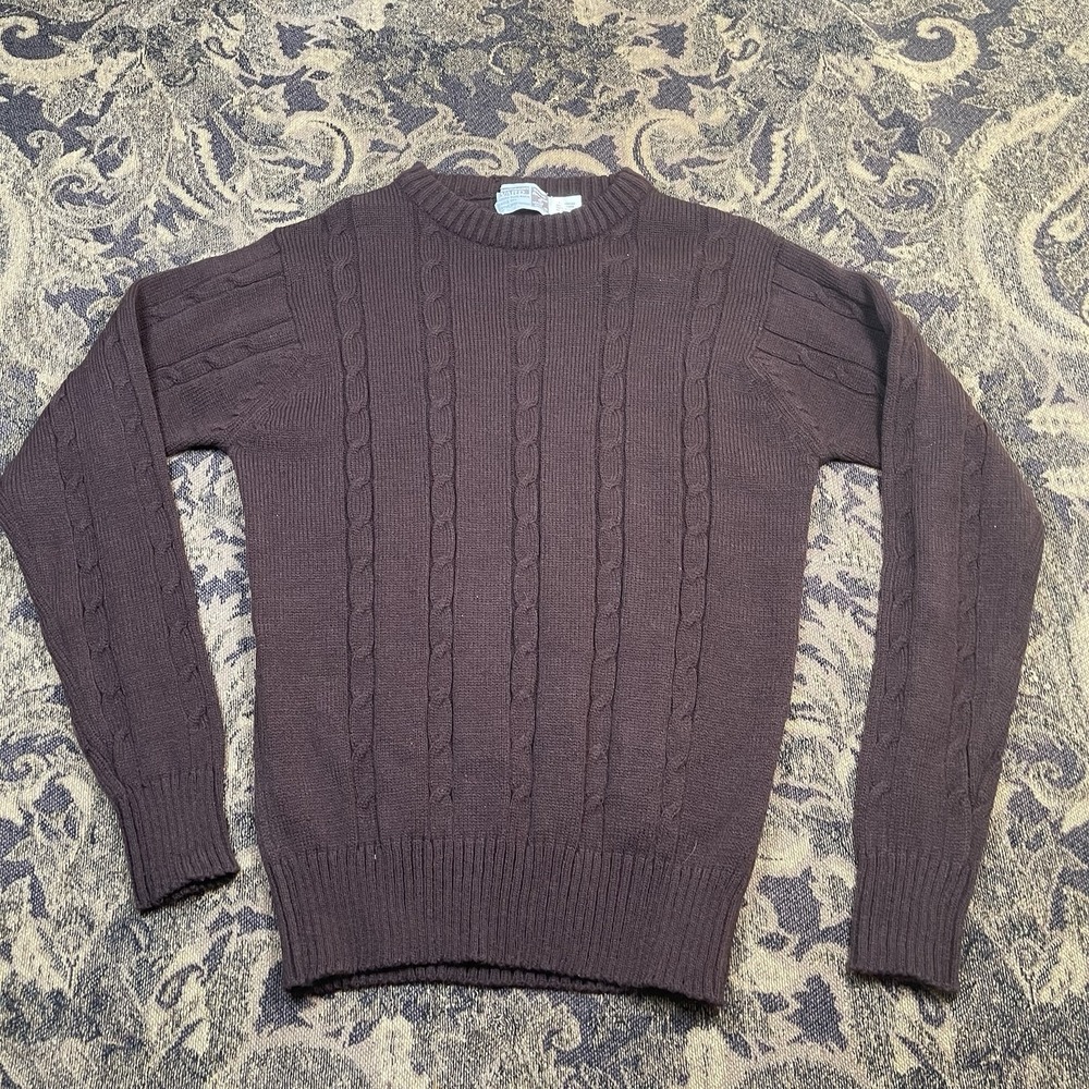Vtg 70s Montgomery Ward Chunky Cable Knit Fisherman Brown Sweater Men's Medium